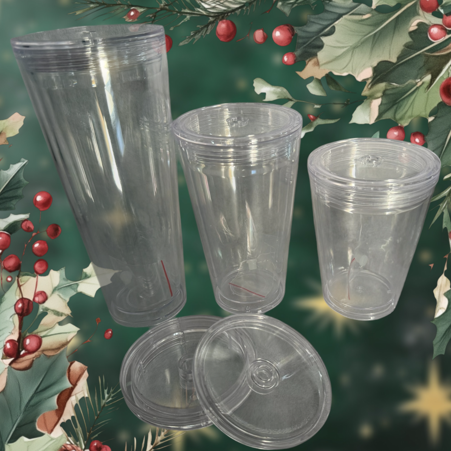 Pre - drilled snow globe Acrylic Tumblers - 3 sizes 12, 16 and 24oz - Stand Out Embroidery and Promotions