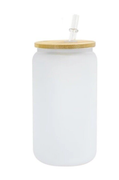 16oz Frosted Glass Libbey Beer Can with Bamboo Lid and Plastic Straw