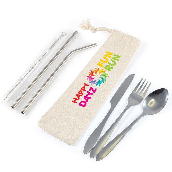 Stainless Steel Travel Cutlery set with Straws and Calico Pouch
