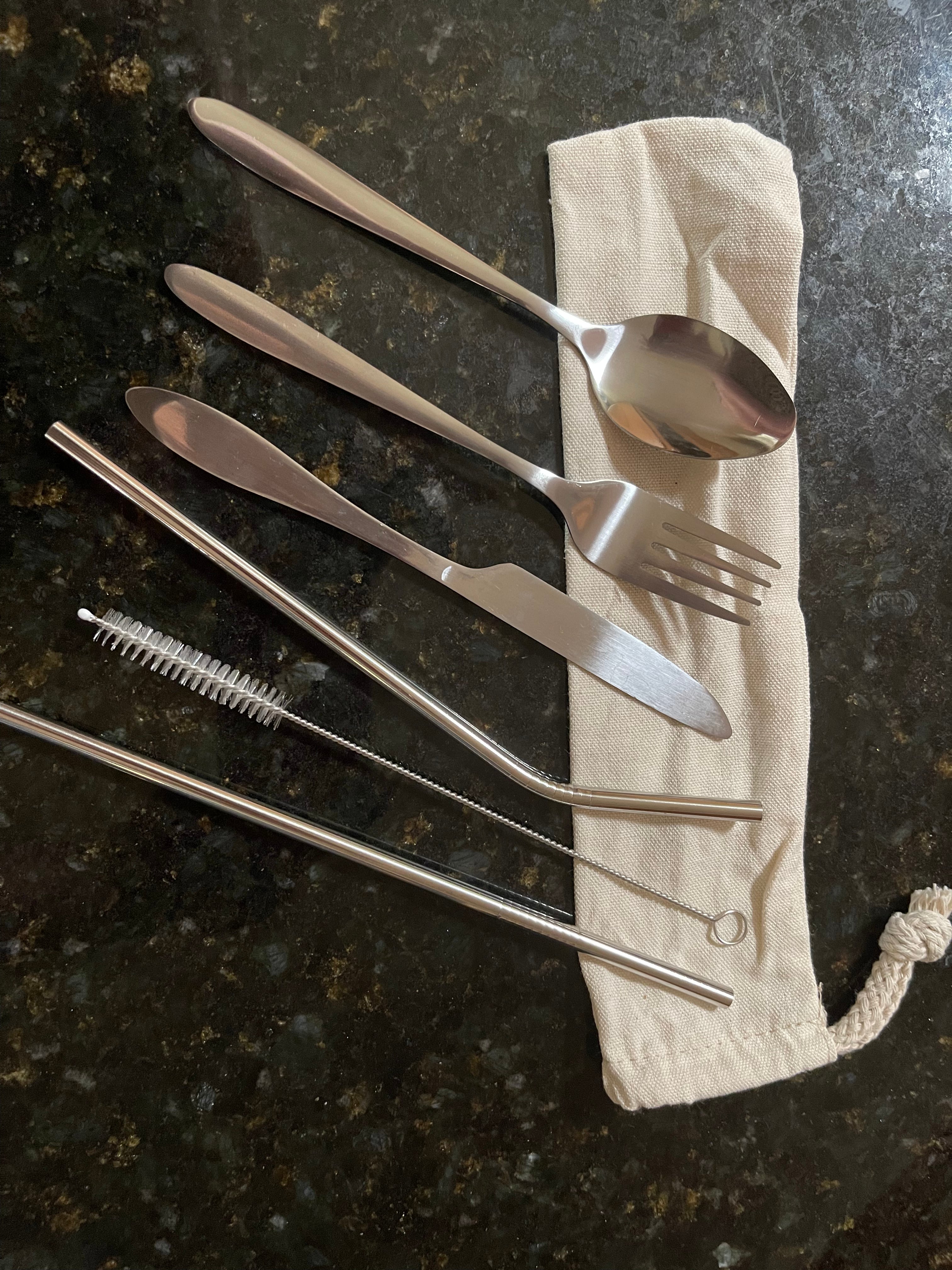 Stainless Steel Travel Cutlery set with Straws and Calico Pouch